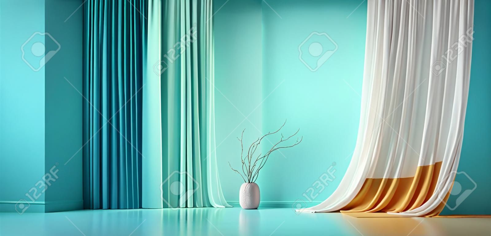 Parete vuota verde blu turchese pastello in camera con tendaggi di seta colorata. mock up modello per la presentazione del prodotto. soggiorno, galleria, studio, concetto di ufficio. rappresentazione 3d