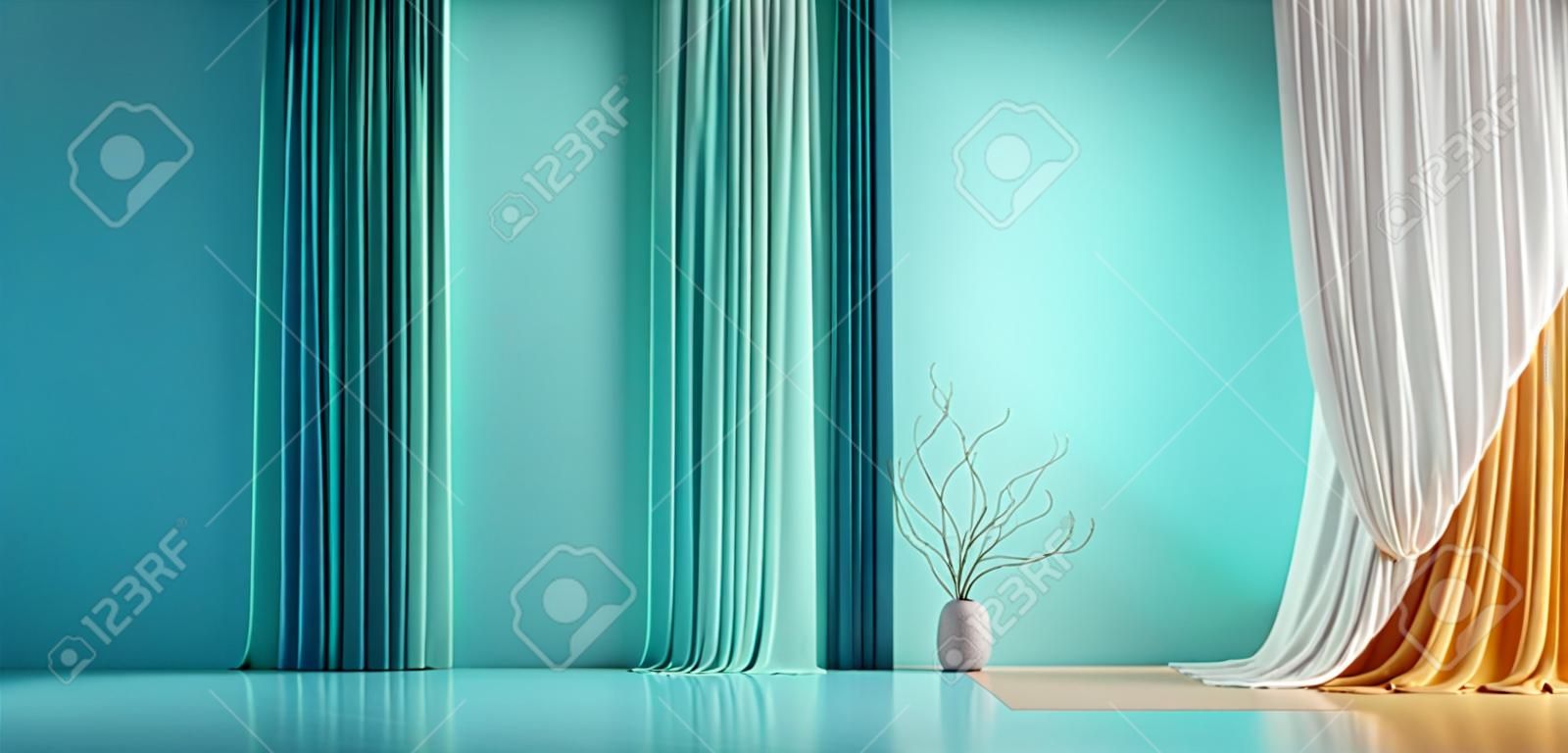Pastel turquoise blue green empty wall in room with coloured silk curtain drapes. Mock up Template for product presentation. Living, gallery, studio, office concept. 3D rendering