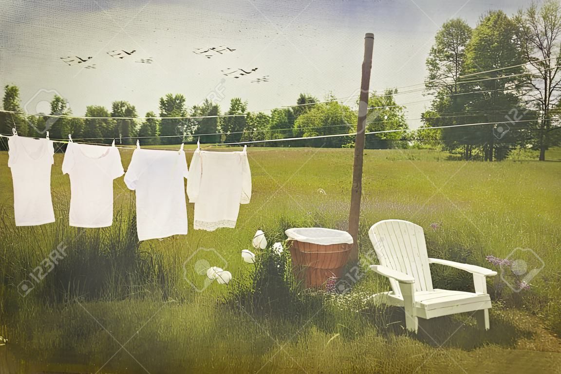 White cotton clothes drying on a wash line with vintage feel