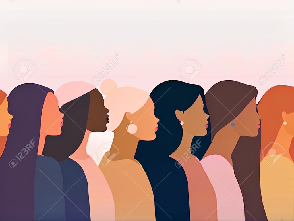 cross cultural, racial equality, multi ethical, diversity people, woman power, empowerment, tolerance, discrimination concept. Flat vector illustration.