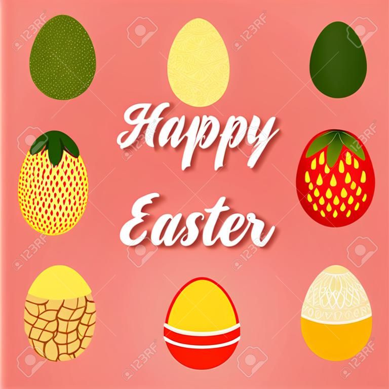Feliz Pascua saludos tipografía con diseño de diferentes frutas de huevo.