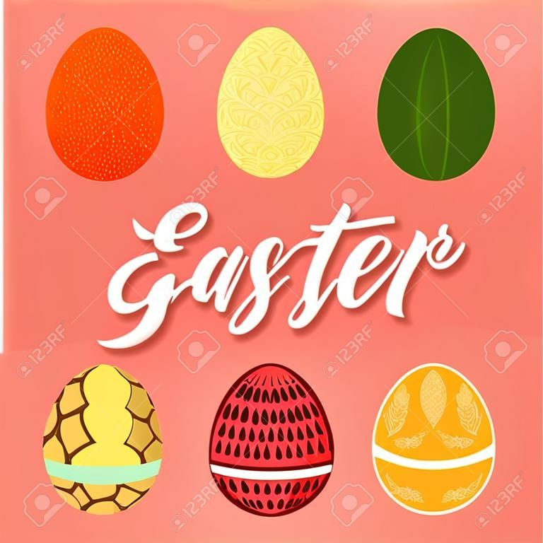 Gelukkige Pasen groeten typografie met verschillende eiervruchten ontwerp.