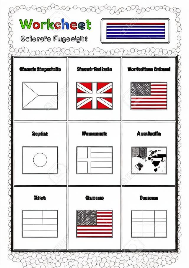 Foglio di lavoro sulla geografia per bambini in età prescolare e scolare. Colora le bandiere a destra. Pagina da colorare.