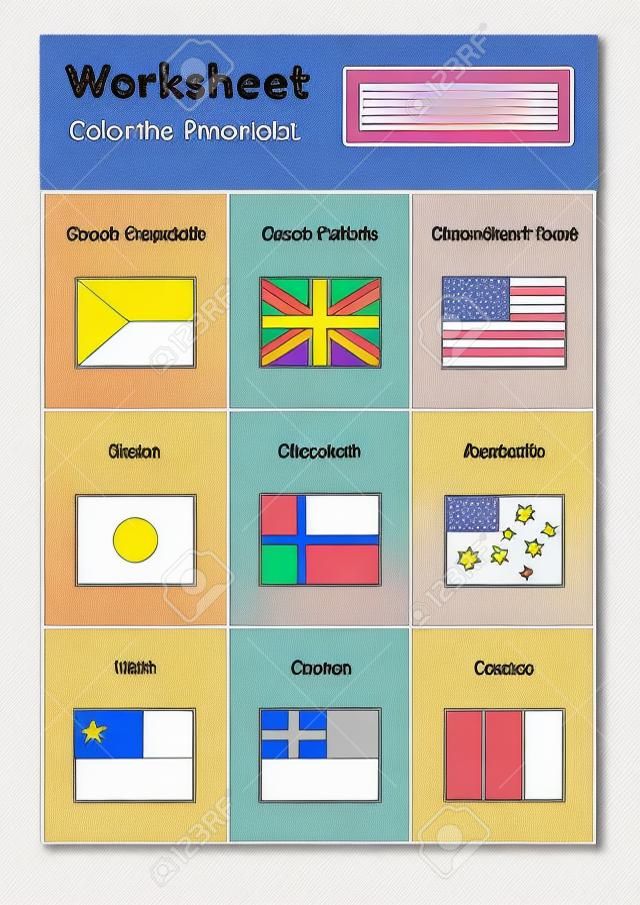 Werkblad over geografie voor kleuters en schoolkinderen. Kleur de vlaggen rechts. Kleurplaat.