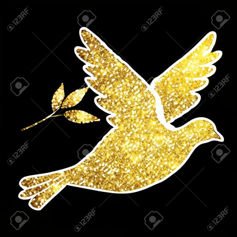 Colombe de paillettes d'or sur fond noir. Pigeon silhouette. Symbole de paix. Illustration vectorielle.