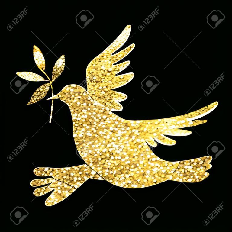Colombe de paillettes d'or sur fond noir. Pigeon silhouette. Symbole de paix. Illustration vectorielle.