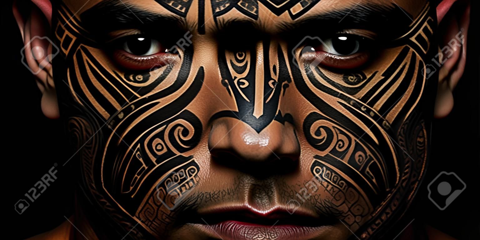 Un visage d'homme sérieux avec un tatouage maori véhiculant des pensées profondes et une IA générative du patrimoine culturel