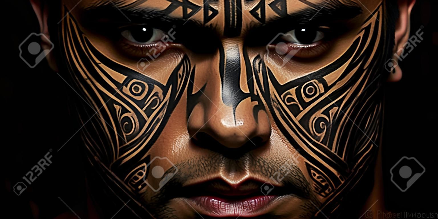 Un visage d'homme sérieux avec un tatouage maori véhiculant des pensées profondes et une IA générative du patrimoine culturel