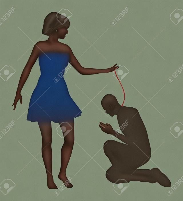 Humiliation  Woman treating man like slave, concept of oppresion and domination