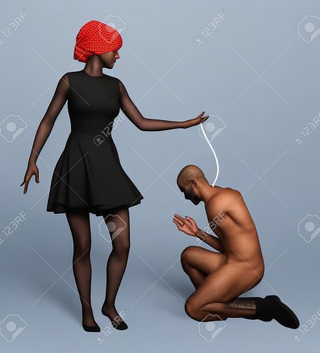 Humiliation  Woman treating man like slave, concept of oppresion and domination