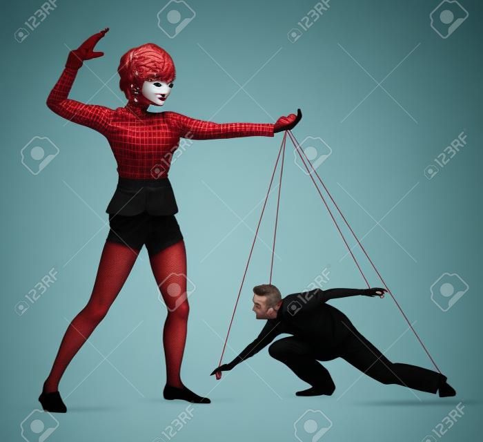 Hombre dominado. Mujer tratar al hombre como marioneta, el concepto de signo de humillación y dominación