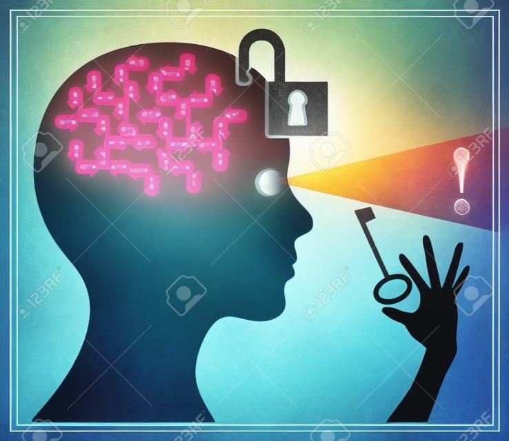 Unlock and activate your brain. Concept sign of a woman who is using her brainpower to find The Solution