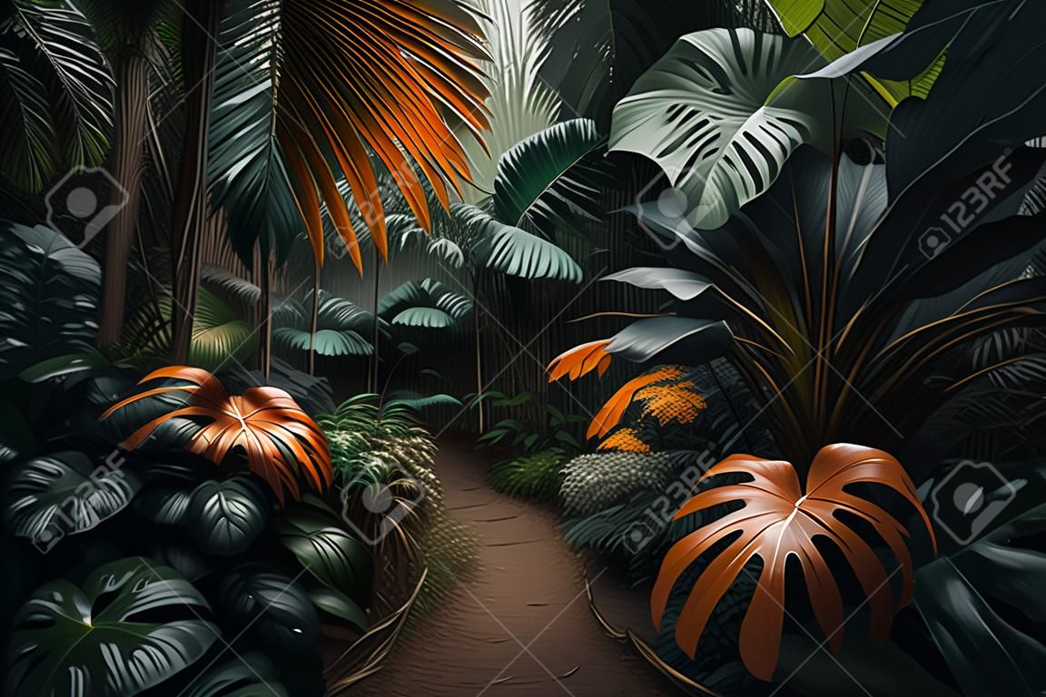 A pathway in tropical rainforest with palm trees and path in the mist. ai generative