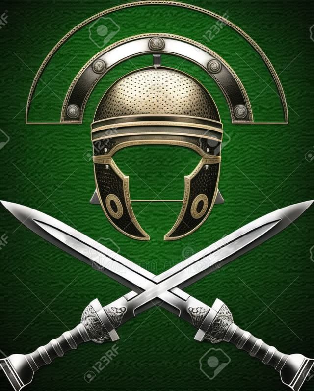 Römischer Helm und Schwertern. dritte Variante. Schablone. Vektor-Illustration