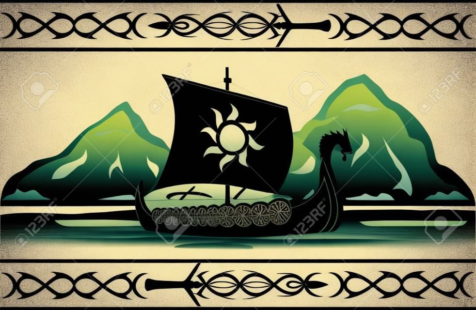 Szablon z ilustracji wektorowych statku viking