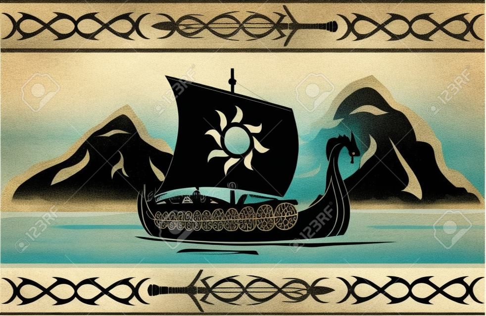 バイキング船のベクトル図のステンシル