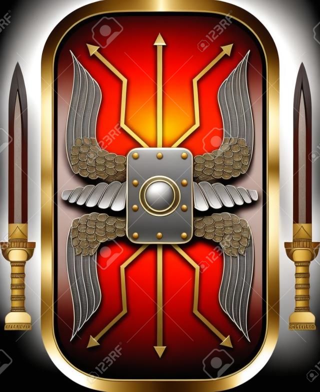 fantasía escudo y espada romana. ilustración vectorial