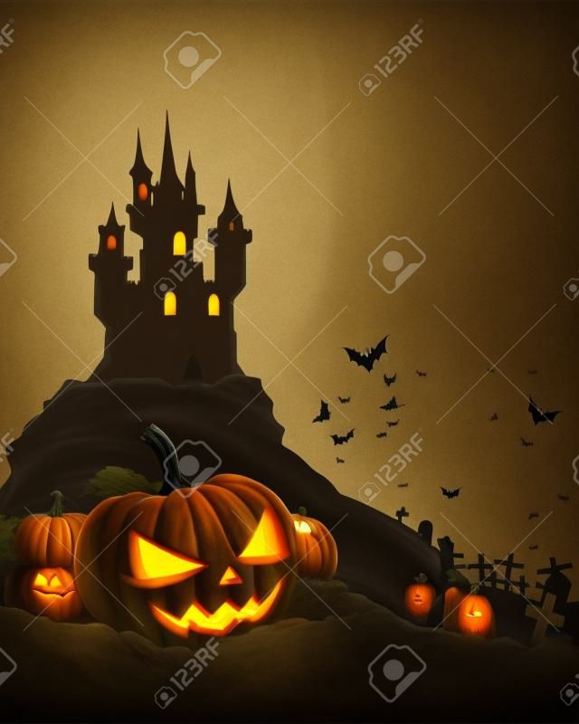 invitación de Halloween o de fondo con el castillo, los murciélagos y de calabaza