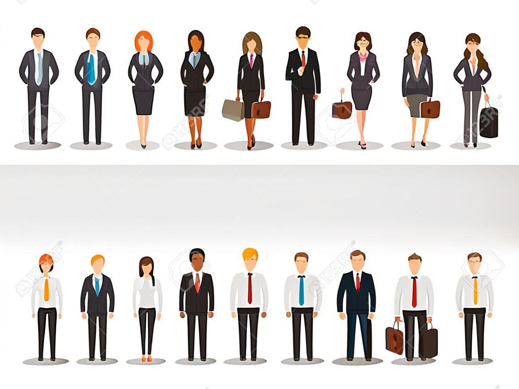set of working people standing on white background. businessman and businesswoman in flat design characters.