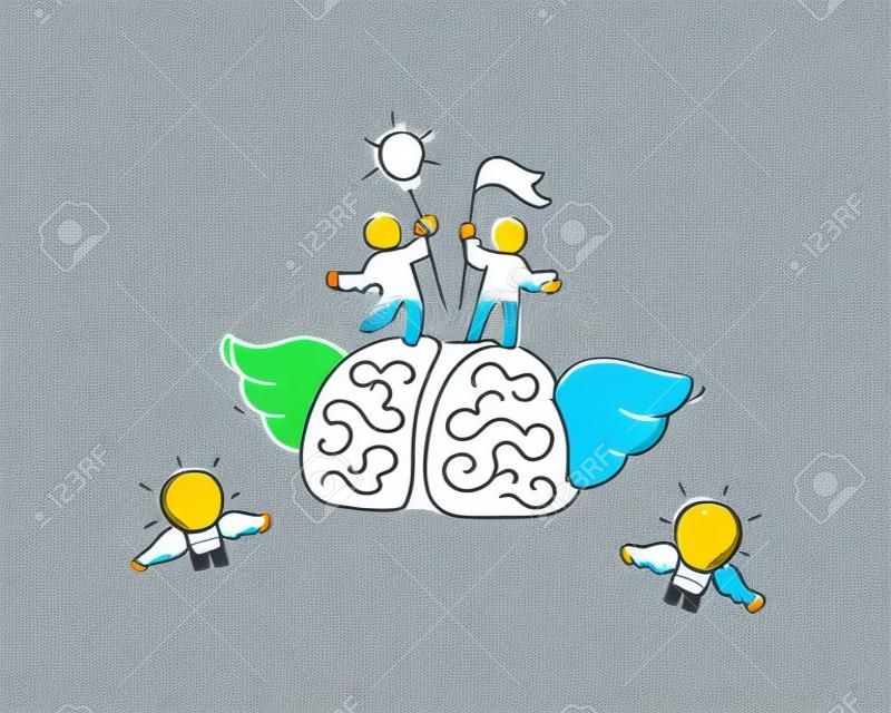 Sketch of flying brain with little workers. Doodle cute miniature about leadership and brainstorming. Hand drawn cartoon vector illustration for business and education design.