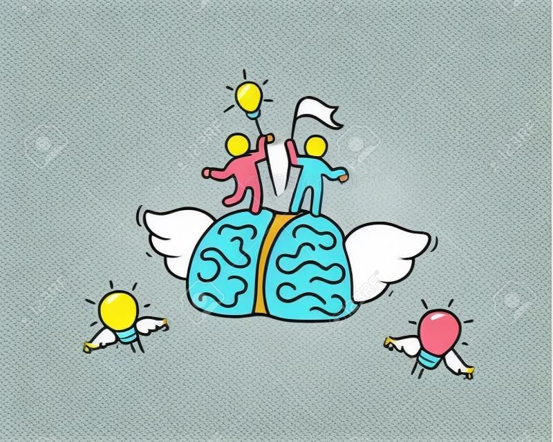 Sketch of flying brain with little workers. Doodle cute miniature about leadership and brainstorming. Hand drawn cartoon vector illustration for business and education design.