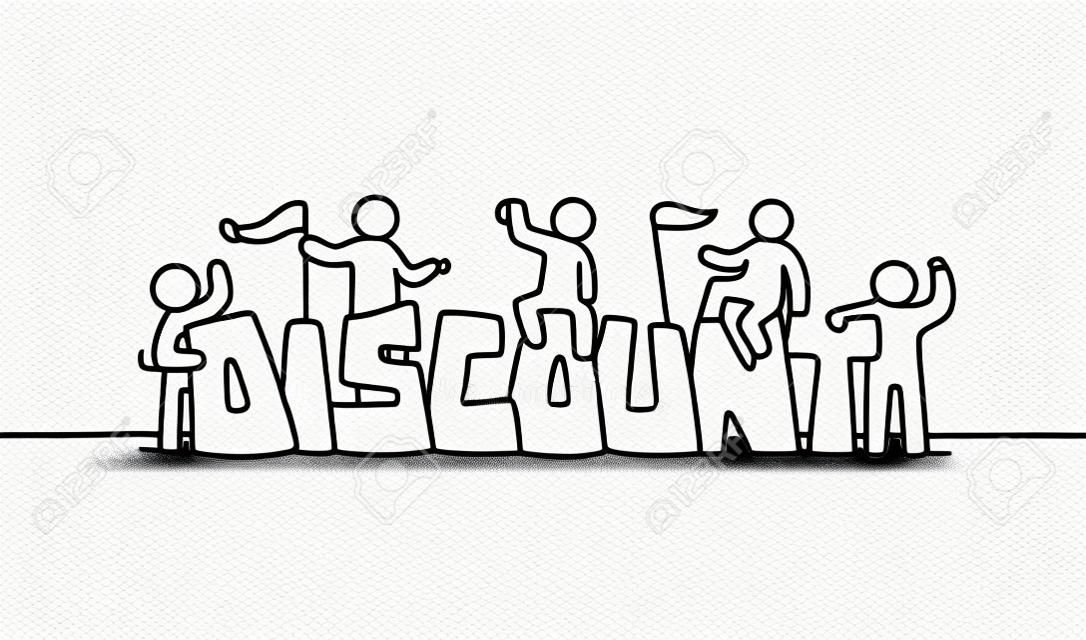 Sketch of working little people with word Discount. Doodle cute miniature scene of workers preparing for the shopping. Hand drawn cartoon vector illustration.