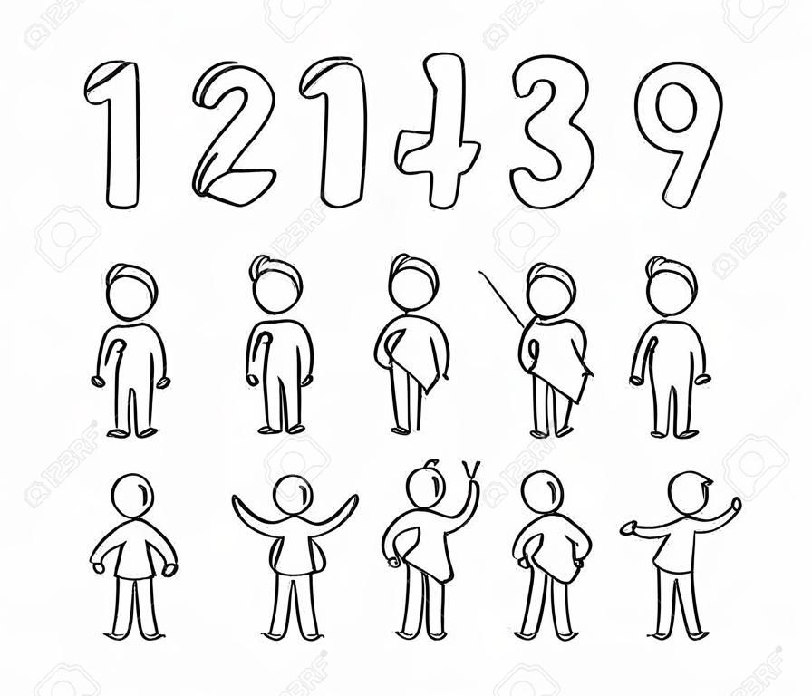 Cartoon icons set of sketch little people with numbers. Doodle cute workers with maths. Hand drawn vector illustration for education design.