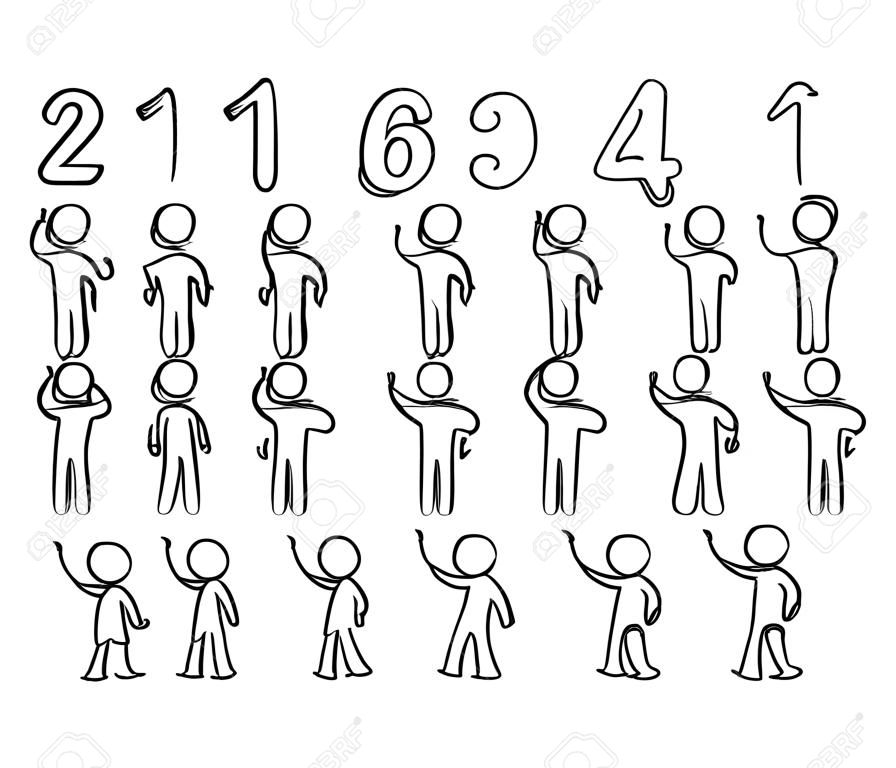 Cartoon icons set of sketch little people with numbers. Doodle cute workers with maths. Hand drawn vector illustration for education design.