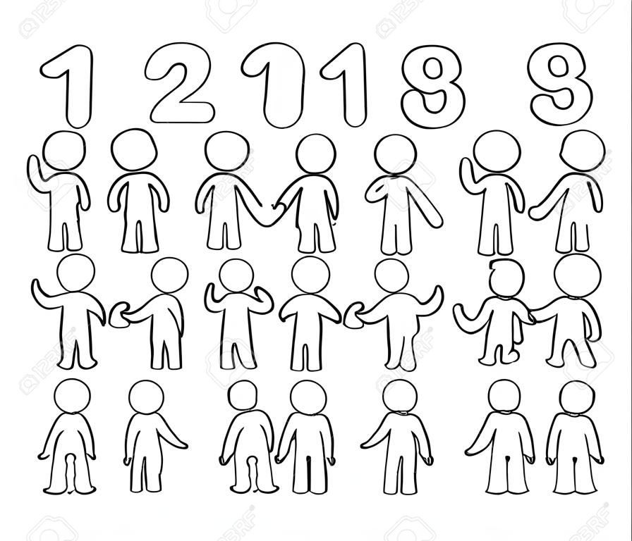 Мультфильм иконки набор эскиз мало людей с числами. Doodle милые рабочие с математикой. Ручной обращается векторные иллюстрации для образования дизайн.