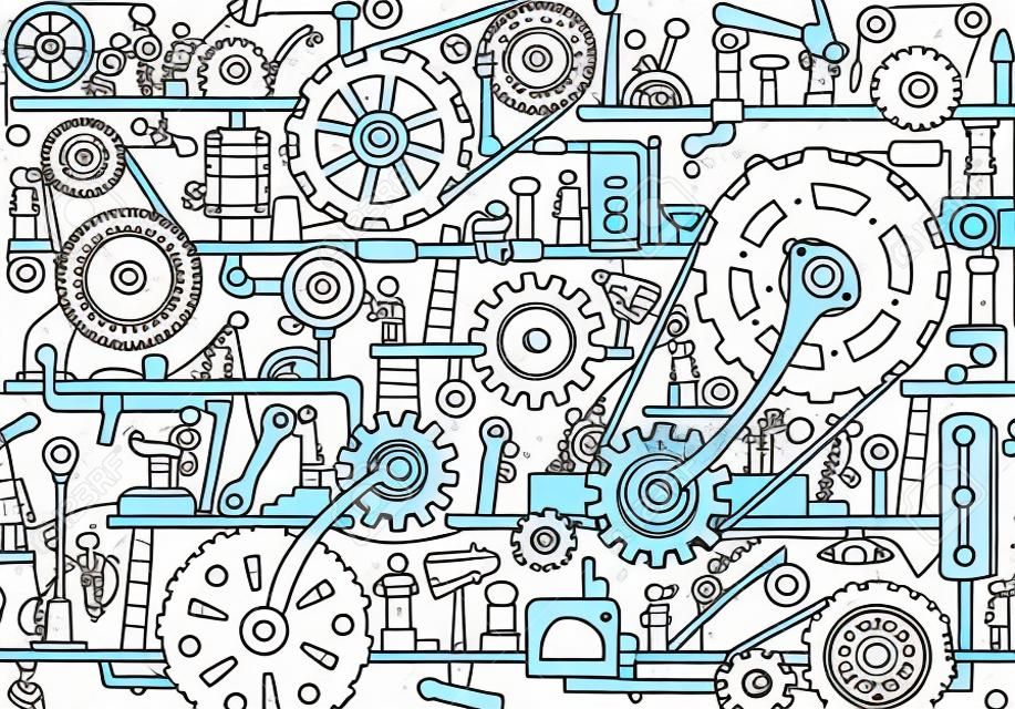 Sketch of people teamwork, gears, production. Doodle cartoon mechanism with machinery and cogwheels. Hand drawn vector illustration for business and industry design.