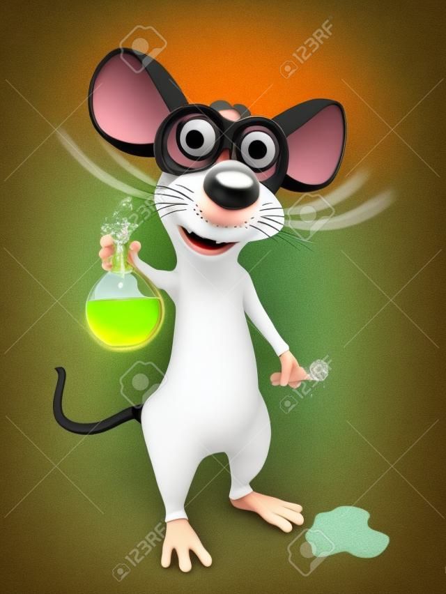 Une souris de dessin animé mignon fou rire le port de lunettes et de faire une expérience scientifique.
