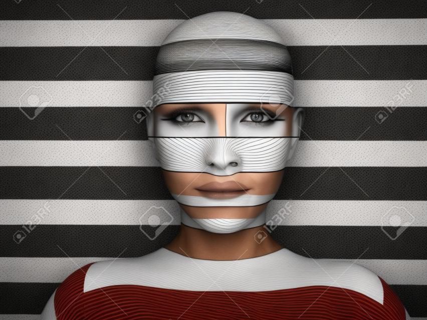 여성의 얼굴을 3D 렌더링하여 실제 색상을 보여주기를 두려워하는 흑백 줄무늬 배경과 혼합하려고 합니다. 그녀는 벽에 머리를 대고 월플라워처럼 숨어 있습니다.