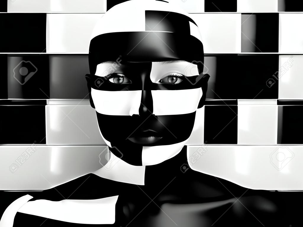 여성의 얼굴을 3D 렌더링하여 실제 색상을 보여주기를 두려워하는 흑백 줄무늬 배경과 혼합하려고 합니다. 그녀는 벽에 머리를 대고 월플라워처럼 숨어 있습니다.
