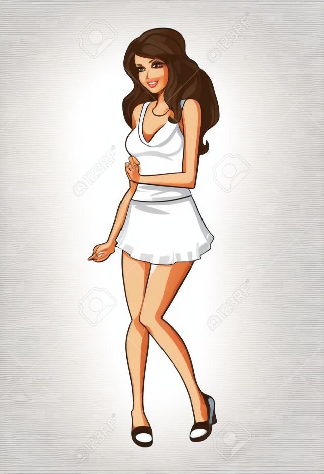Piękna brunetka w białej koszulce i mini spódniczce. Ilustracja wektorowa