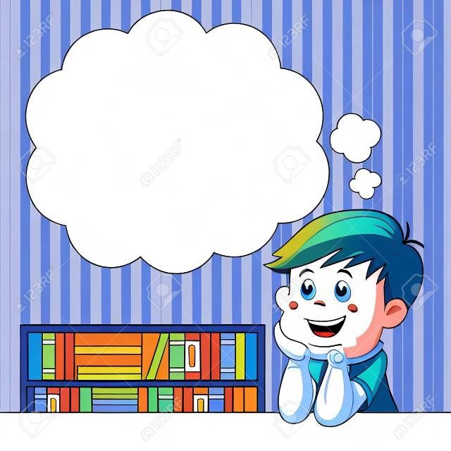 Cartoon boy thinking with white bubble for text