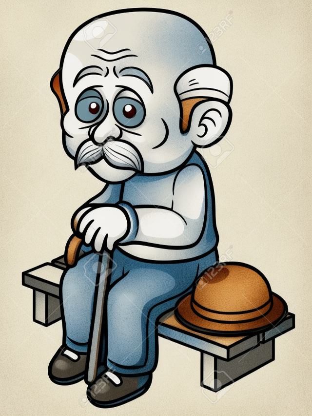 卡通老人坐在板凳上的插圖
