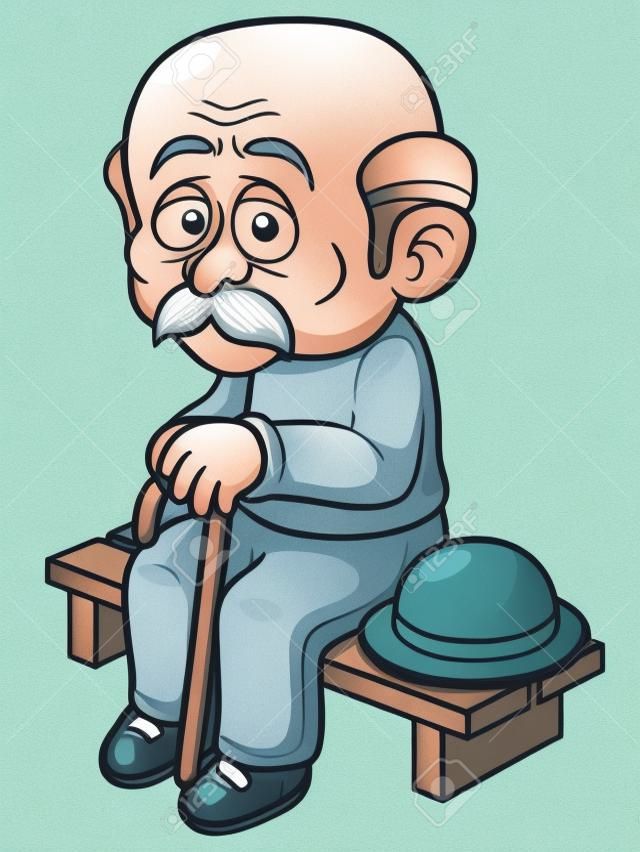 卡通老人坐在板凳上的插圖