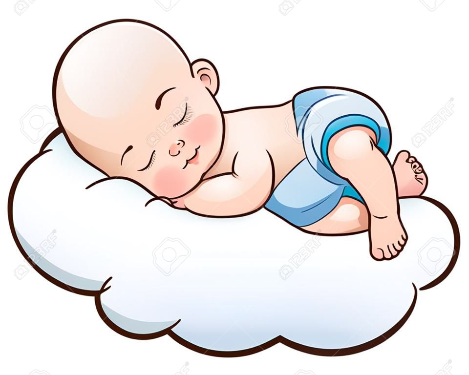 Ilustración del vector de la historieta del bebé que duerme en una nube