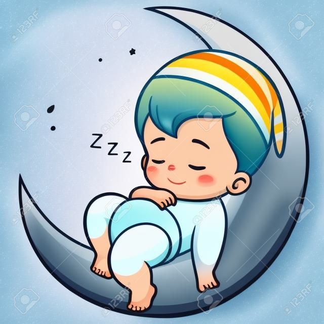 Illustration von Cartoon Cute Baby auf dem Mond Schlafen