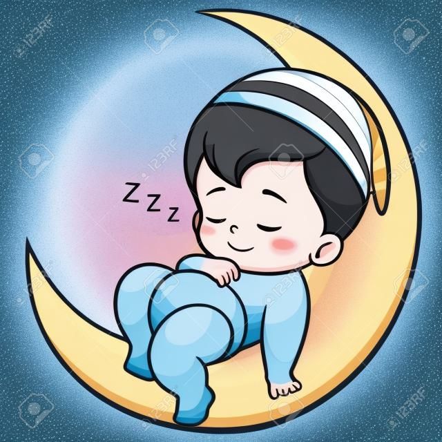 Ilustração do bebê bonito dos desenhos animados que dorme na lua
