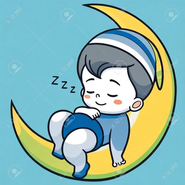 Illustrazione di cartone animato Carino Bambino che dorme sulla luna