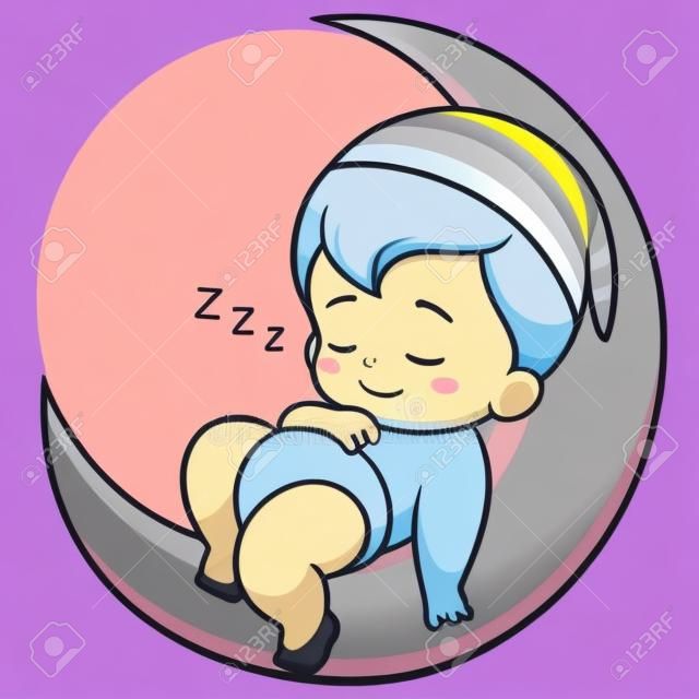 卡通可爱的宝宝，睡在月亮上的插图