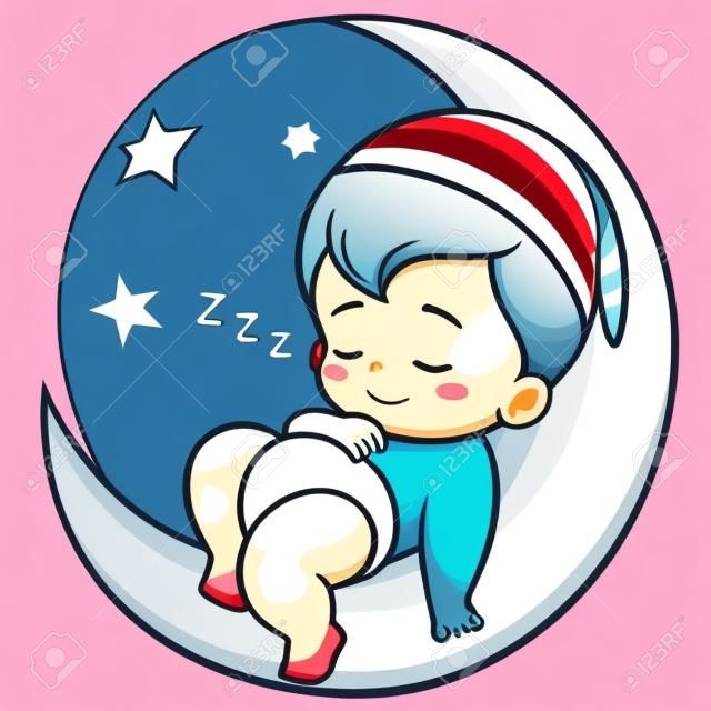 卡通可爱的宝宝，睡在月亮上的插图