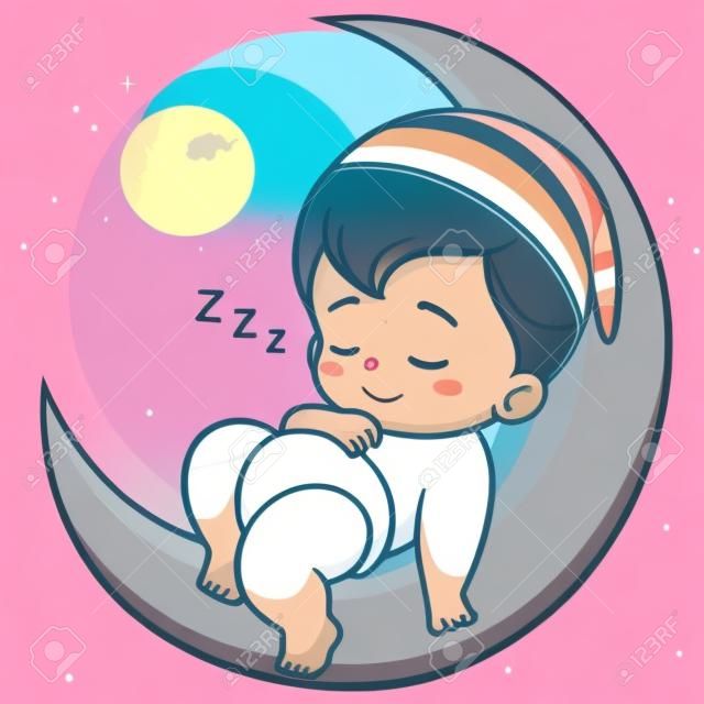Illustrazione di cartone animato Carino Bambino che dorme sulla luna