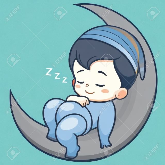 Ilustración de dibujos animados lindo bebé durmiendo en la luna
