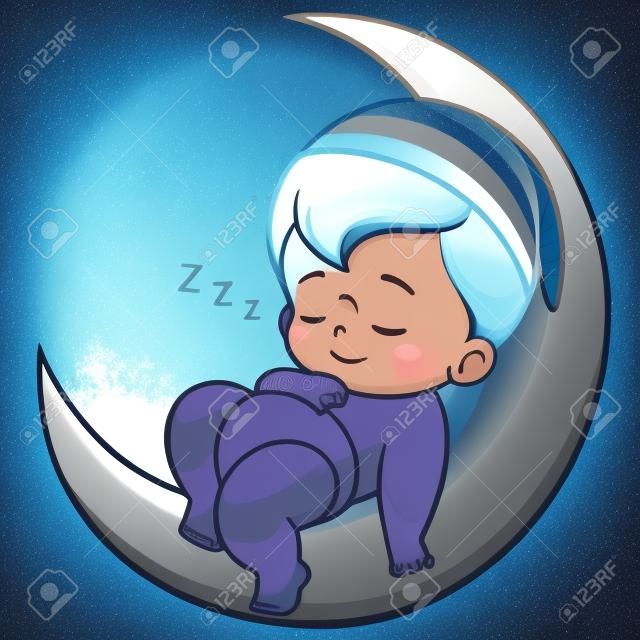 Ilustración de dibujos animados lindo bebé durmiendo en la luna