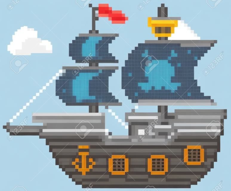 Ilustracja wektorowa projektu piksela statku pirackiego z kreskówek