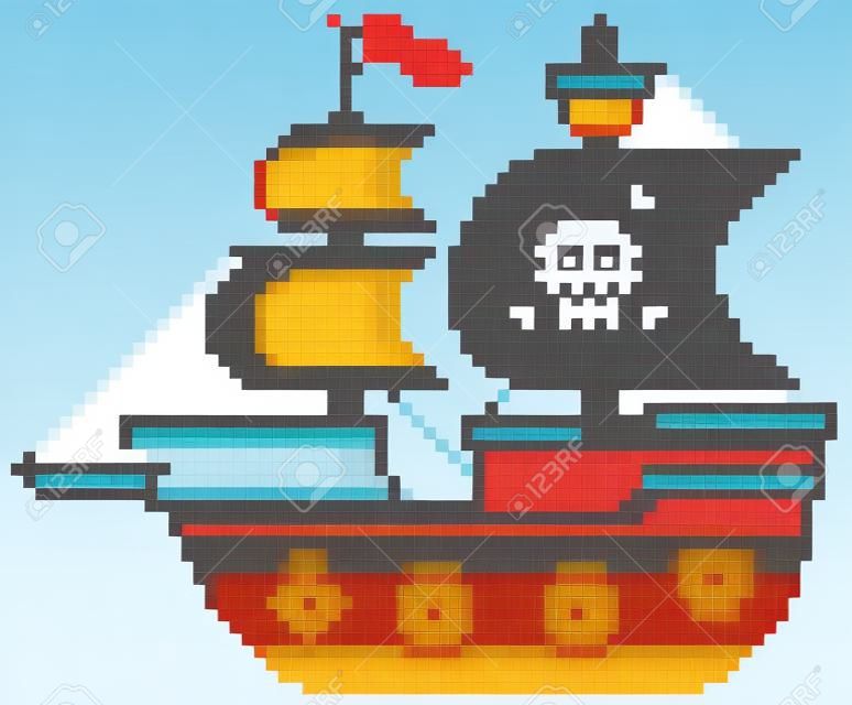 Vector illustration of cartoon pirate ship pixel design