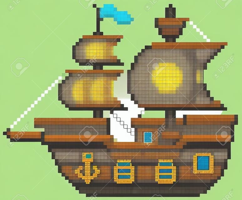Ilustracja wektorowa projektu piksela statku pirackiego z kreskówek