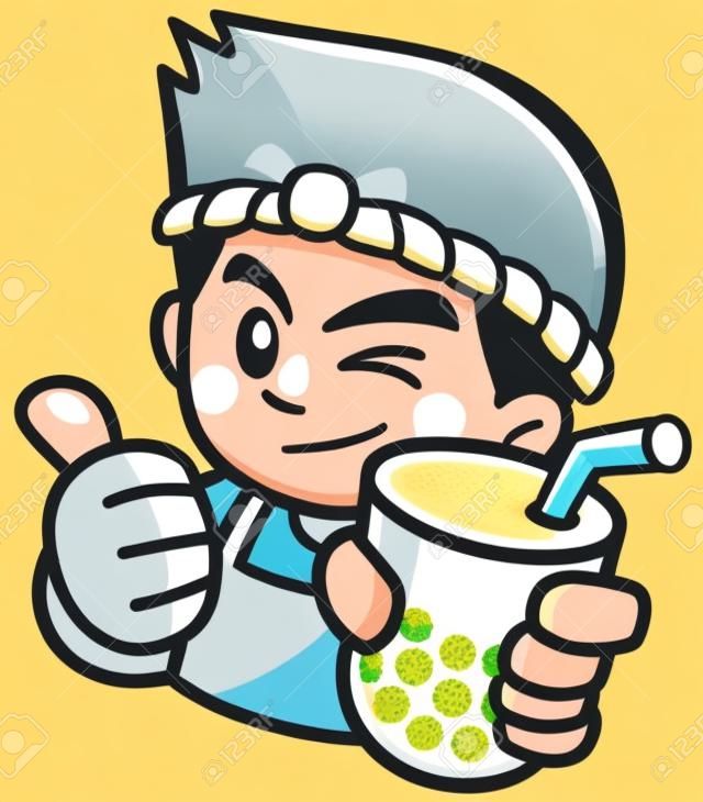 Illustration vectorielle de cartoon male présentant du thé à bulles
